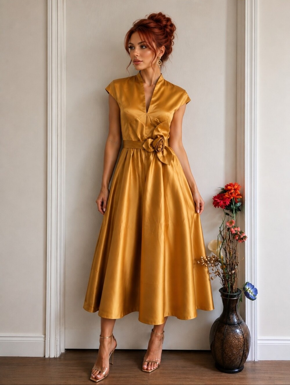 Gold Satin Fit & Flare Midi Dress Rose Waist Detail Vintage Inspired